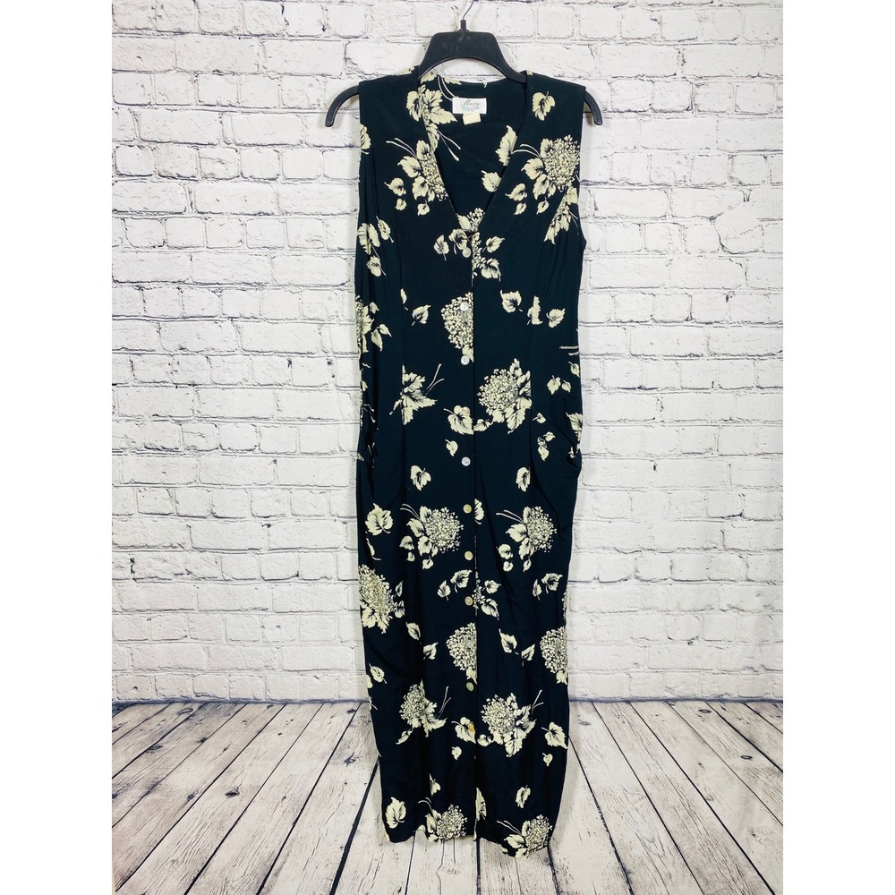 Maxou Maxi Dress Womens Vintage Floral Button Front Black Cream M Excellent